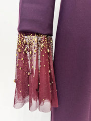 Purple Beaded Mesh Neckline Flare Sleeve Maxi Dress