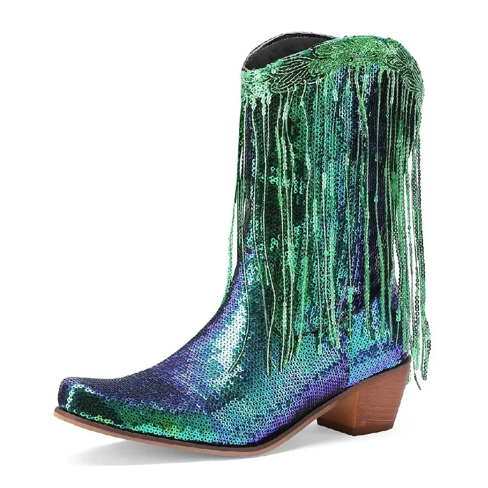 Multicolored sequin cowboy boot with fringe on a white background