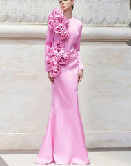 Pink Satin Long Dress 3D Flowers Formal Party Gown For Women