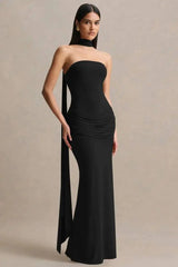Strapless Choker Neck Gathered Waist Maxi Dress