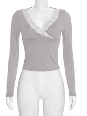Lace Trim V-Neck Long Sleeve Top