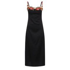 Floral Embroidered Satin Slip Dress with Spaghetti Straps