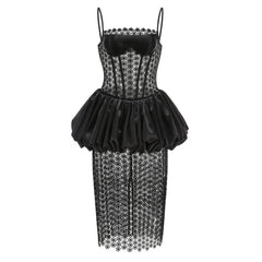 Black Geometric Lace Bodycon Midi Dress