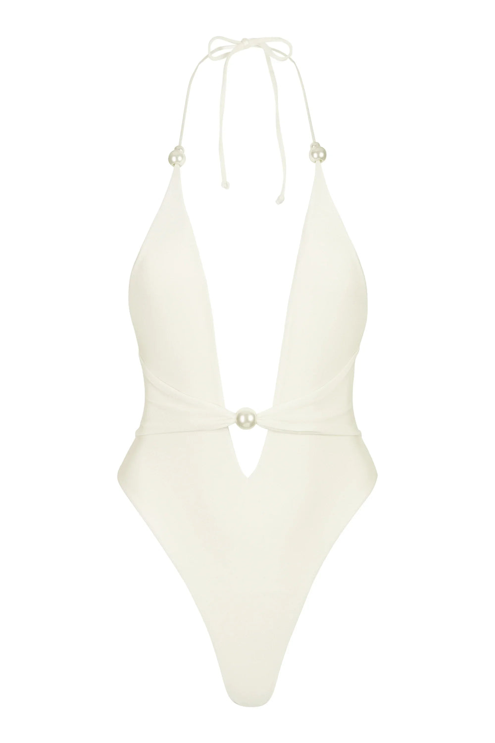 Off-white halter neckline swimwear set with pearl accents