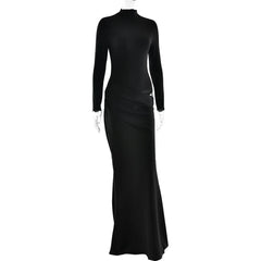Satin Draped Cutout Turtleneck Maxi Dress