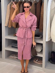 Lapel neck belted jacket with slit midi skirt two-piece set