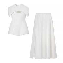 Solid Three Piece Square Collar Sleeveless Top with Shawl And Mesh Long Skirt Set