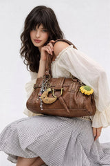 Structured Rivet Lock Shoulder Bag
