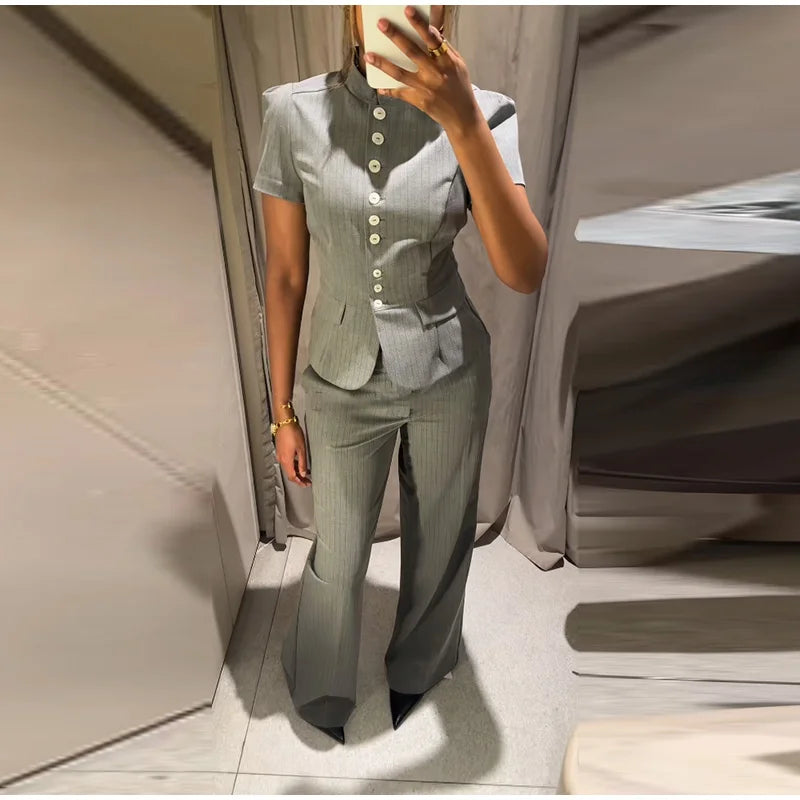 Short sleeve mandarin collar pinstripe fitted blazer and wide leg pants two-piece set