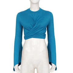 Blue Twist Front Flare Sleeve Top