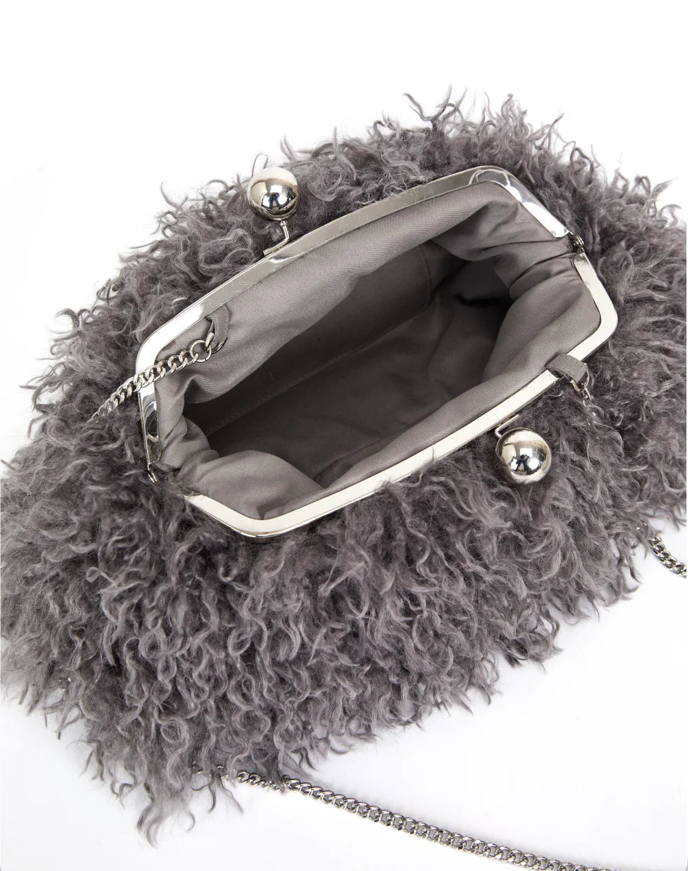 Gray furry handbag with a chain strap on a white background