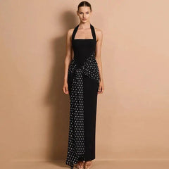 Black halter neck polka dot maxi dress side view