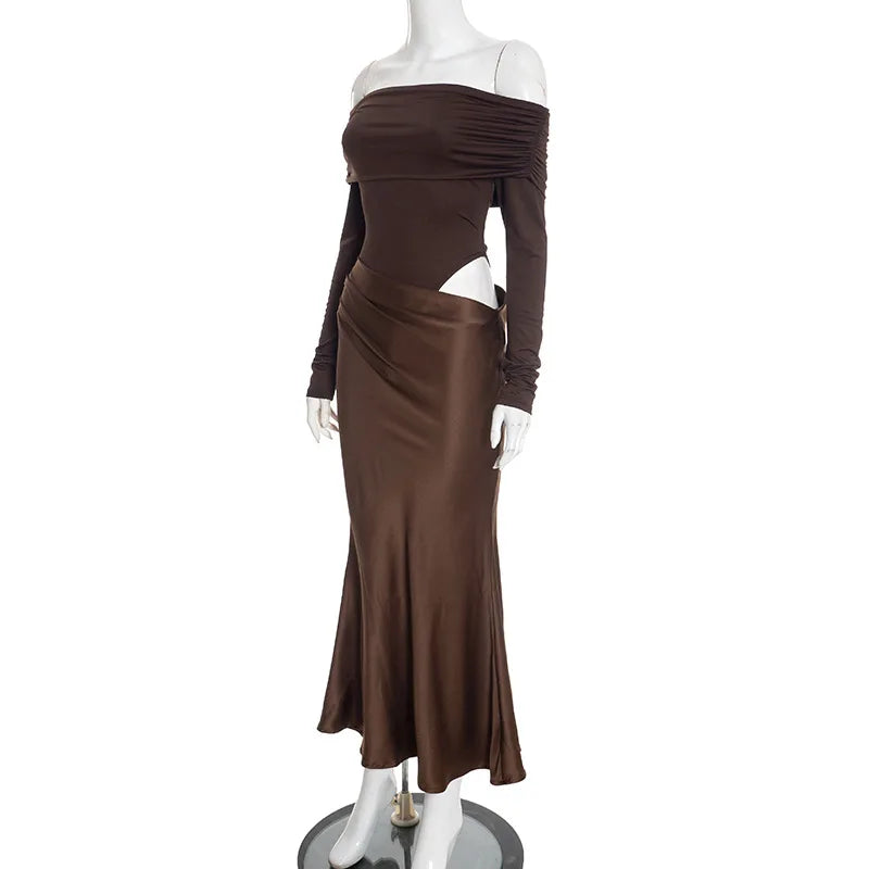 Brown off-shoulder dress on a mannequin against a white background