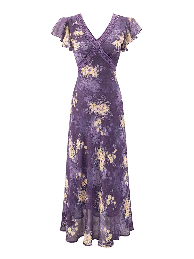 Purple floral print maxi dress with v-neckline and flutter sleeves, flat lay.