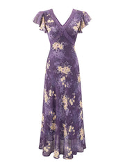 Purple floral print maxi dress with v-neckline and flutter sleeves, flat lay.