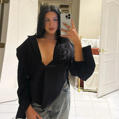 Plaid Draped Open-Neck Long Sleeve Crop Shirt