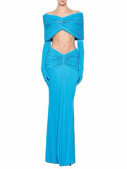 Draped Off-Shoulder Metal Detail Crop Top and Maxi Skirt Set