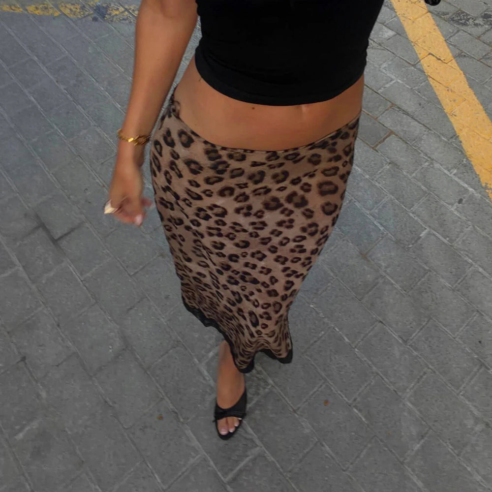 Leopard print lace trim midi skirt