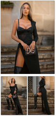 Black One-Shoulder Bralette Cut-Out Bodysuit Maxi Dress