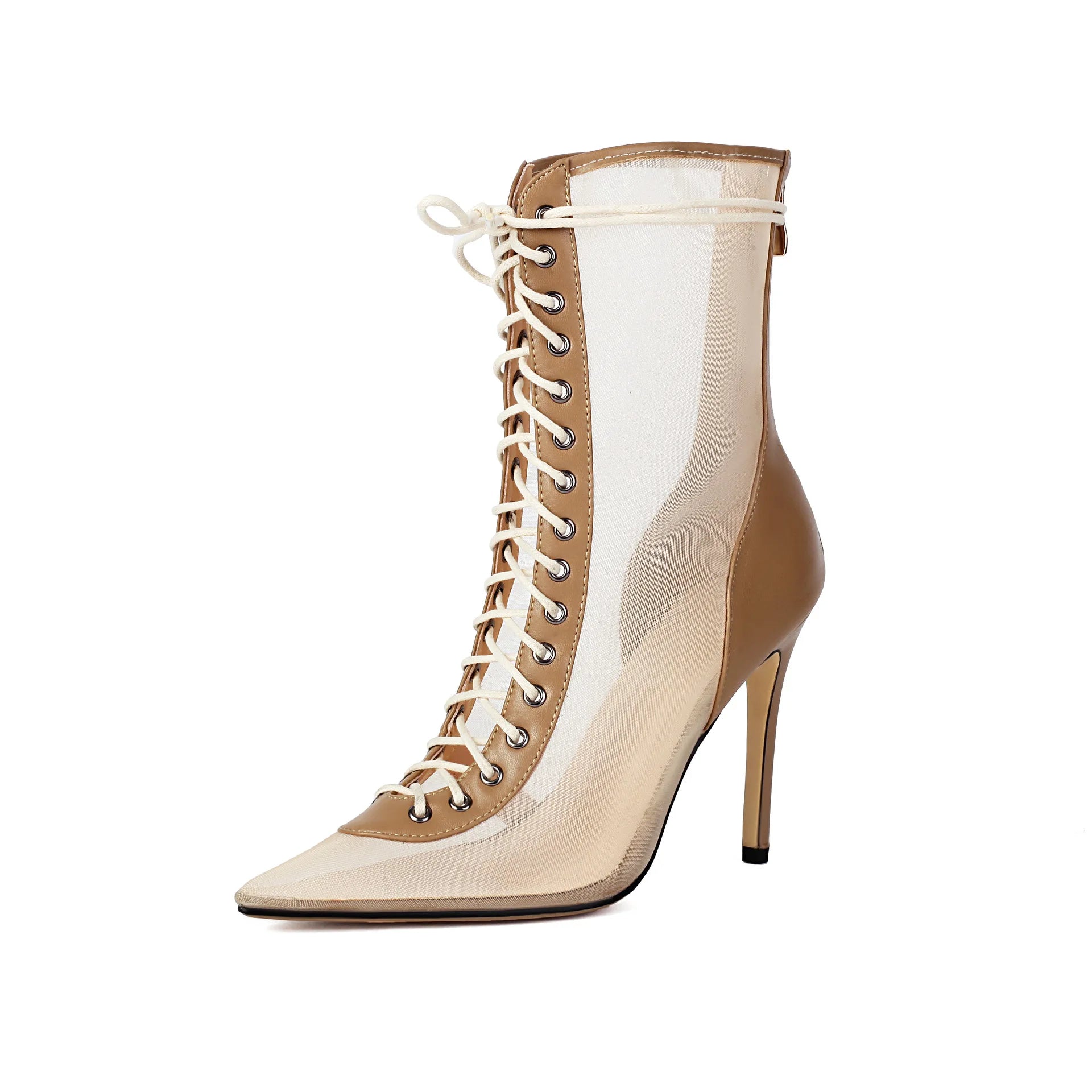High-heeled lace-up boot with beige and clear design