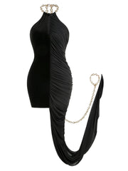 Black Chain Halter Velvet Dress with Pleated Fold Detail