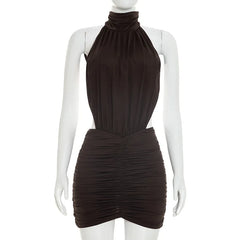 Halter Neck Ruched Side Cut Out Mini Dress