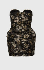 Floral patterned strapless dress on a white background