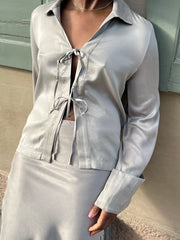 Satin Tie Front Long Sleeve Blouse Top