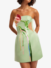 Strapless mini dress with floral appliqué and cut-out sides