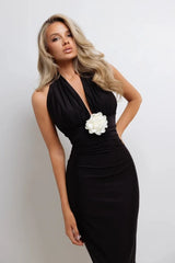 Halter Neck Ruched Flower Applique Maxi Dress