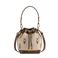 Embroidered Bear Canvas Drawstring Bucket Bag
