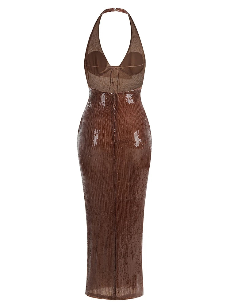 Brown halter neck dress with distressed effect