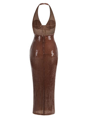 Brown halter neck dress with distressed effect