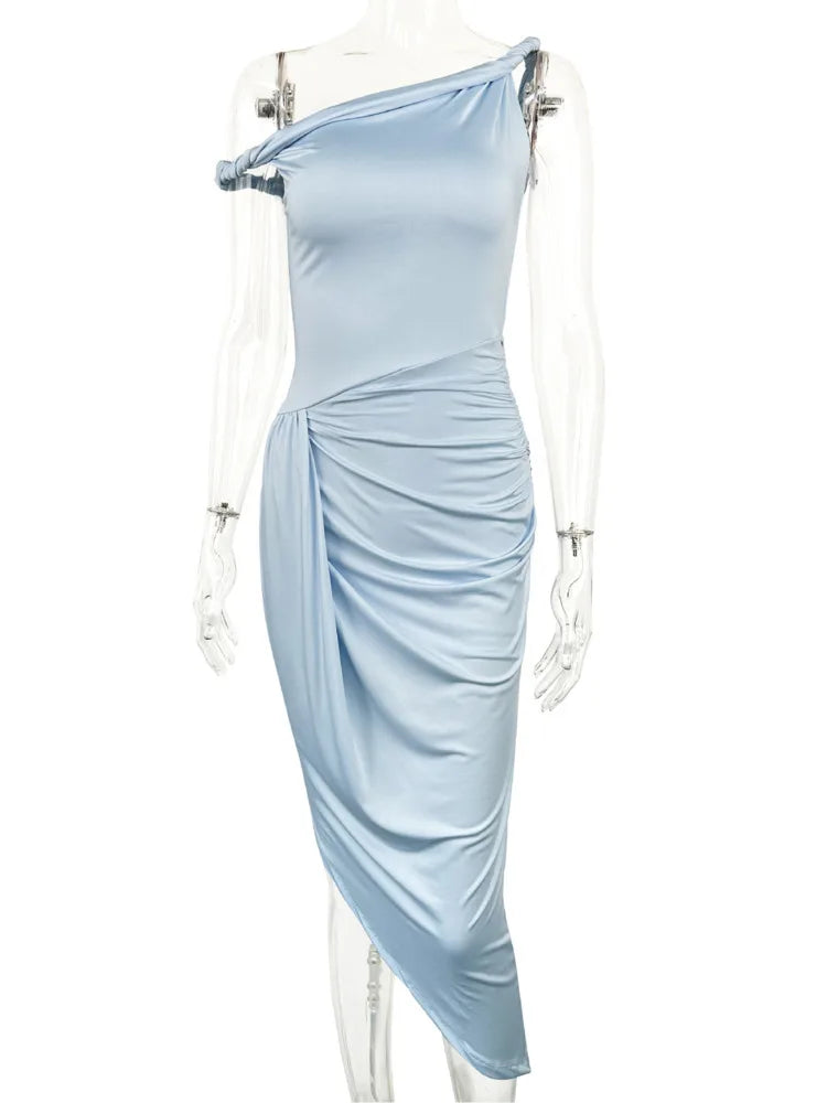 Light blue one-shoulder dress on a mannequin against a white background