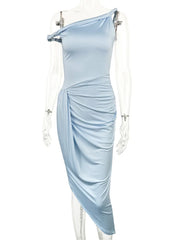 Light blue one-shoulder dress on a mannequin against a white background