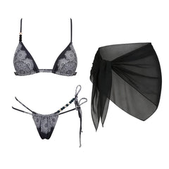 Print Embellished Bikini and Wrap Skirt Set