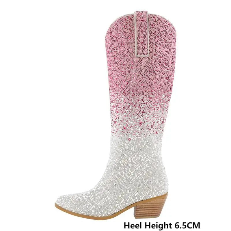 Pink and white cowboy boot with rhinestone details on a white background