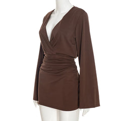 Plunge Neck Long Sleeve Ruched Mini Dress