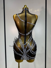 Back view of crystal butterfly mini dress with zipper closure