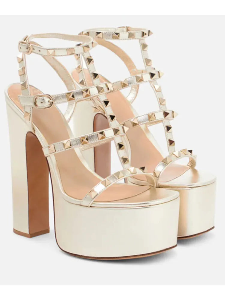 Beige platform high-heeled sandals with strappy design