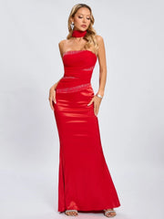 Red Satin Strapless Patchwork Gown with Draped Scarf Detail
