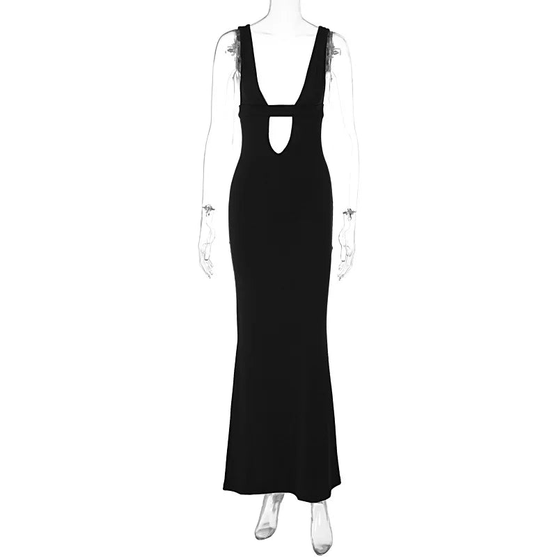 Black dress on a mannequin against a white background