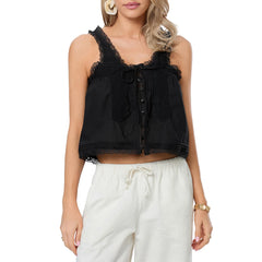 Black lace top worn by a model on a white background