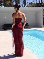 Burgundy Strapless Fringed Maxi Dress