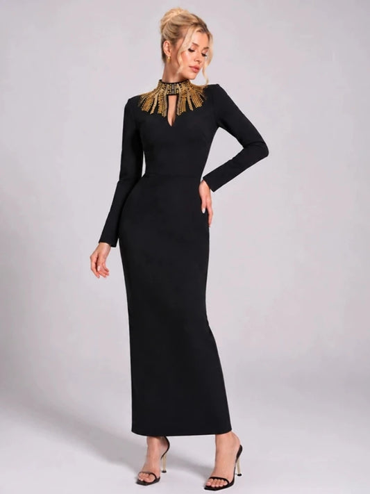 Embellished neck long sleeve black maxi dress