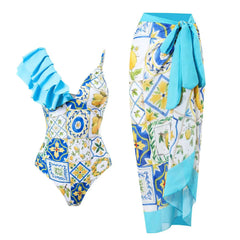 Tie-Strap V-Neck One-Piece Swimsuit with Matching Sarong Set