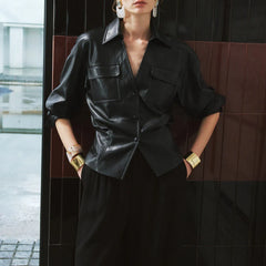 Pu Leather Short Wrap Buttoned Jacket