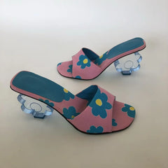 Floral Print Clear Acrylic Flower Heel Mules