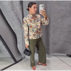Floral Mandarin Collar Cropped Jacket