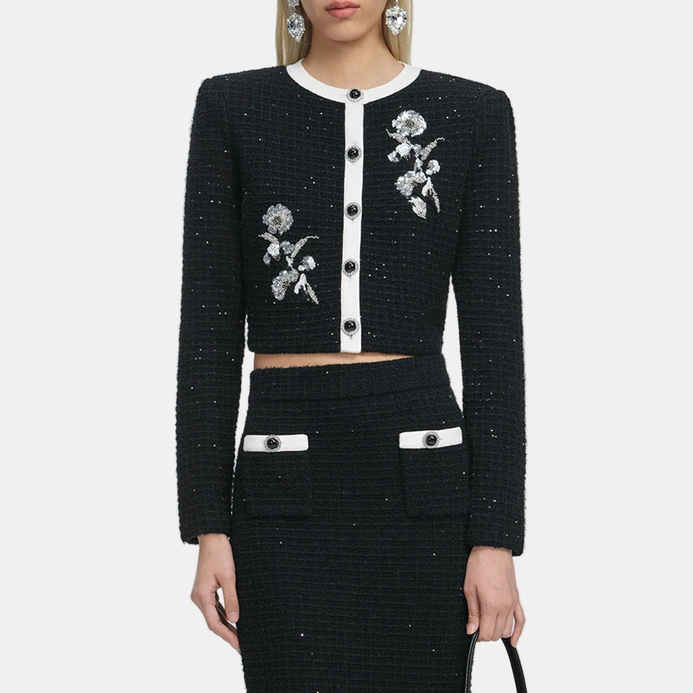 Black tweed embroidered cardigan paired with high-waist midi skirt